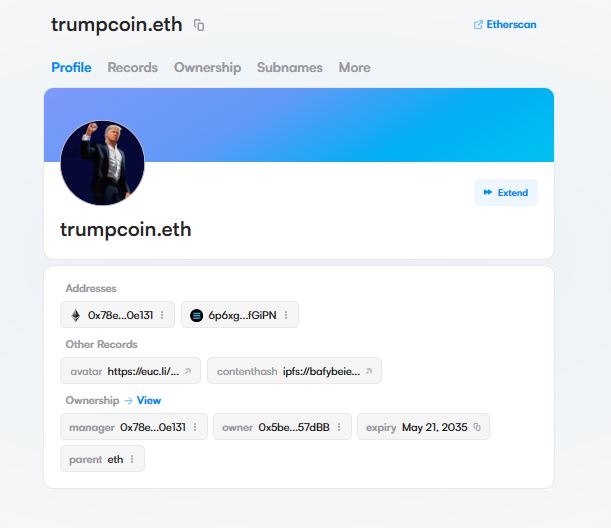 Trump has officially set up his ENS records for his DeFi and Memecoin project. 

Wallets were linked to their projects multisig and now they are confirming the projects wallets onchain/ verifying their socials, etc.
