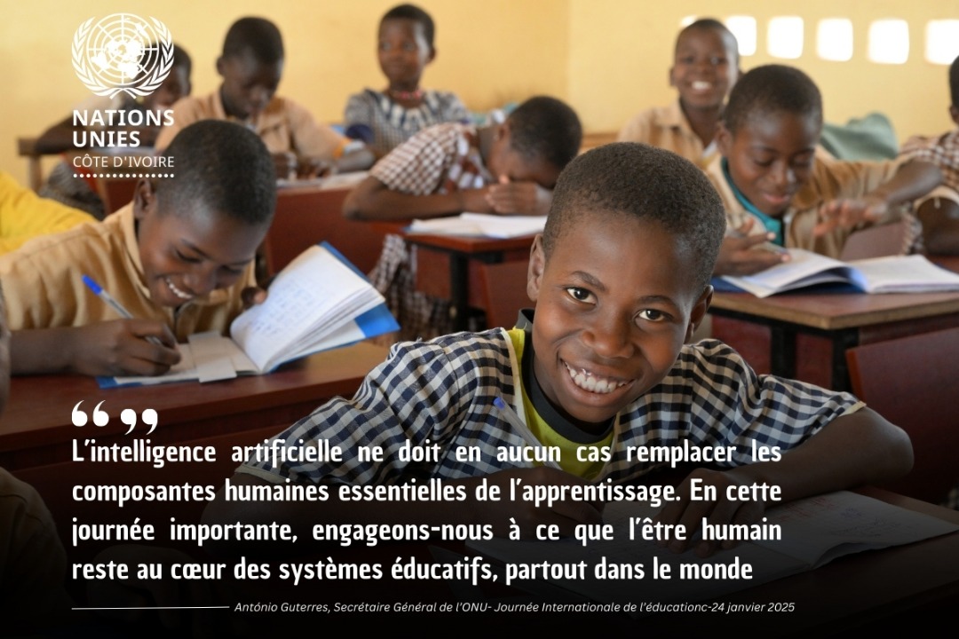 ONU_CIV's tweet image. 🎓 Ce 24 janvier, pour la #JournéeInternationaleDeLEducation, @antonioguterres exhorte à tirer parti de l’intelligence artificielle pour accompagner les apprenants, tout en veillant à ce qu’elle ne remplace jamais l&apos;humain, qui doit rester au cœur de l’éducation.