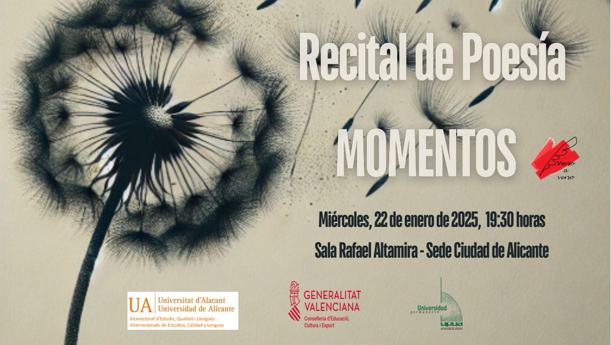 ⚡ RECITAL DE POESÍA - VERSO A VERSO - MOMENTOS

📅 22 de enero de 2025 - 19:30 h

📍 Sede Universitaria Ciudad de Alicante - Sala Rafael Altamira

VIDEOSTREAMING 👉 vertice.cpd.ua.es/299819

Entrada limitada al aforo del recinto

Más información 👉 s.ua.es/es/KAv3