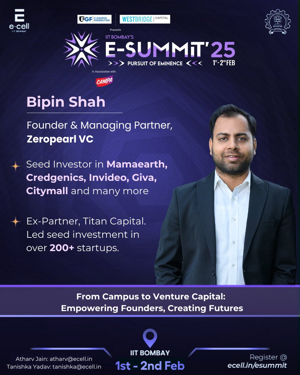 ecell_iitb's tweet photo. Presenting before you our next speaker, Bipin Shah, Founder and Managing Partner of Zeropearl VC.

At E-Summit 2025, Bipin Shah will not only share his journey but also mark the official launch of Zeropearl VC. 

Register now for E-Summit'25 using the link https://t.co/PIAD3ZCwe9 https://t.co/vF6KUvCl3r