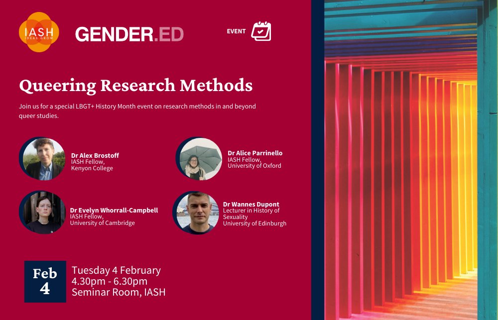 GENDER.ED @ University of Edinburgh (@uoe_gender_ed) on Twitter photo There is still time to register for the roundtable on Queering Research Methods, brought to you by <a href="/IASH_Edinburgh/">IASH, Edinburgh</a> and @GenderEd_UoE.
Tuesday 4 February, 4.30-6.30pm, IASH
Register here: …eringresearchmethods.eventbrite.co.uk There is still time to register for the roundtable on Queering Research Methods, brought to you by <a href="/IASH_Edinburgh/">IASH, Edinburgh</a> and @GenderEd_UoE.
Tuesday 4 February, 4.30-6.30pm, IASH
Register here: …eringresearchmethods.eventbrite.co.uk