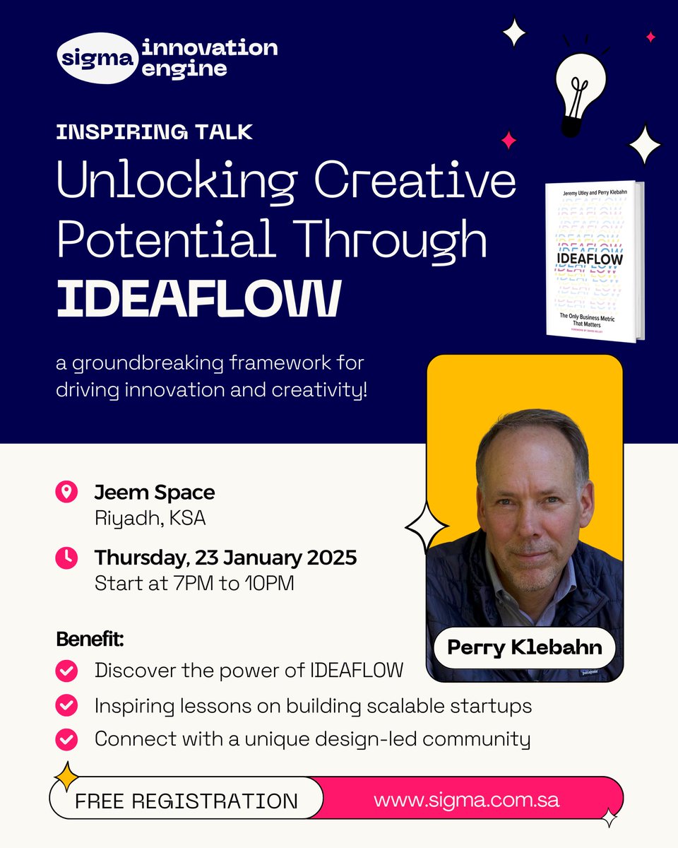📣 انضم إلينا في جلسة حوارية 
مع الخبير العالمي Perry Klebahn حول منهجية #IDEAFLOW وكيفية تعزيز #الابتكار و #تسريع_النمو للشركات الريادية في #الاقتصاد_الإبداعي 💡  ️ 

📆 التاريخ: الخميس 23 يناير، الساعة 7 مساءً
 🔗 للتسجيل: forms.gle/R8g9js8JmR3Xrq…

 📍اللقاء باللغة الإنجليزية
