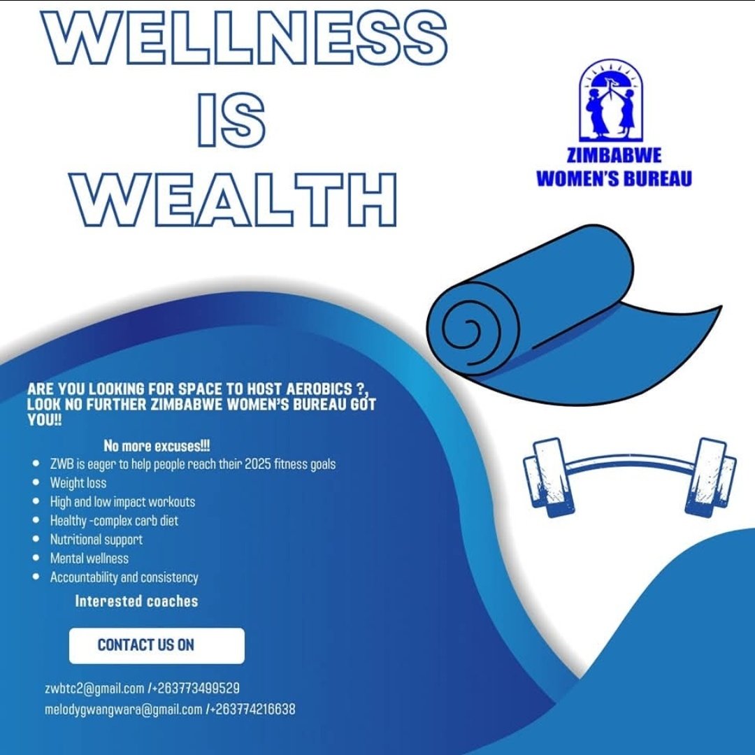 New space Alert 📢📢Zimbabwe Womens Bureau  has available space or aerobics and exercises. Interested Coaches contact us on the details given below.Wellness is wealth is work on your 2025 fitness goals, and let's  enjoy the journey together✨   #fitnessjourney 
#WellnessJourney