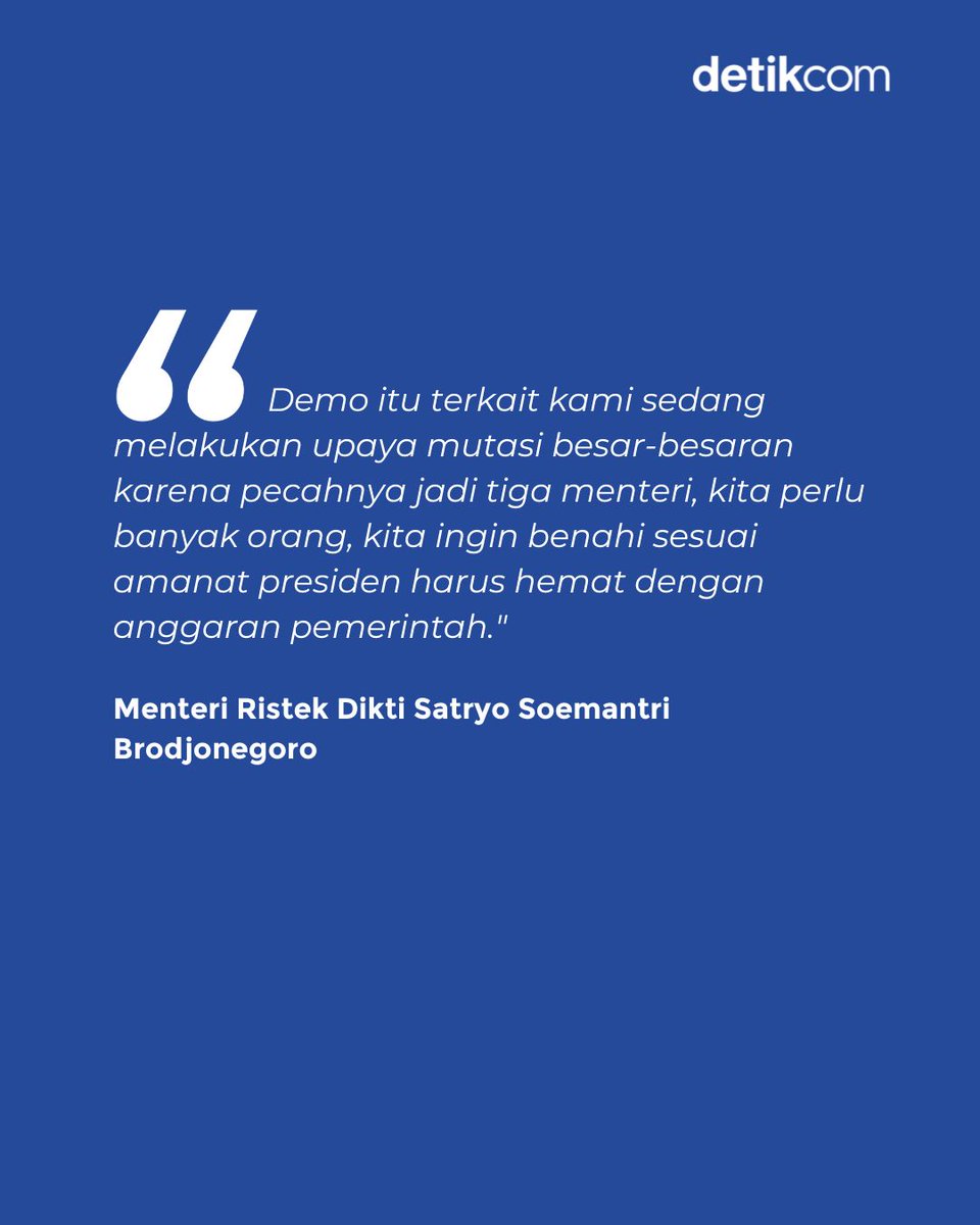 detikcom's tweet photo. Ratusan ASN dari Ditjen Dikti Kemdikbud Saintek menggelar aksi demo buntut pemecatan pegawai. Aksi damai para ASN ini dilakukan di depan kantor Kemendiktisaintek Jakarta, Senin (20/1/2025) pagi.

Menteri Ristek Dikti Satryo Soemantri Brodjonegoro angkat bicara terkait kejadian ini. Dia menjelaskan mengenai pemicu aksi demo yang dilakukan para ASN.

Foto: Ari Saputra/detikcom

>> https://t.co/LwkVP8lTiL

#detikcom #DemoASN #Kemdiktisaintek #SatryoSoemantriBrodjonegoro