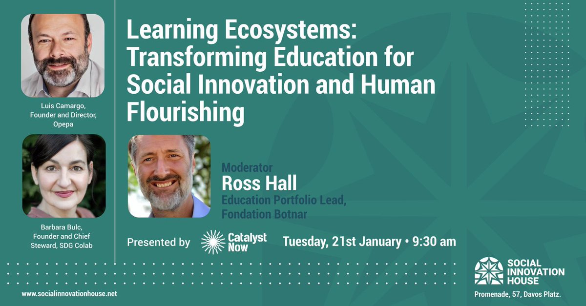 Barbara Bulc (@barbarabulc) on Twitter photo Join our panel in Davos at Social Innovation House hosted by <a href="/Catalyst_2030/">Catalyst 2030</a> #WEF2025
▪️Learning Ecosystems: Transforming Education for Social innovation and Human Flourishing
<a href="/Tue/">ツエ丸</a> Jan 21, 2025 9:30am - 10:30am (CET)
With <a href="/ross0hall/">ross hall</a> <a href="/lobodelasnieves/">Luis Alberto Camargo 🌳</a>
#WEF25 #wellbeing #SIH2025 Join our panel in Davos at Social Innovation House hosted by <a href="/Catalyst_2030/">Catalyst 2030</a> #WEF2025
▪️Learning Ecosystems: Transforming Education for Social innovation and Human Flourishing
<a href="/Tue/">ツエ丸</a> Jan 21, 2025 9:30am - 10:30am (CET)
With <a href="/ross0hall/">ross hall</a> <a href="/lobodelasnieves/">Luis Alberto Camargo 🌳</a>
#WEF25 #wellbeing #SIH2025