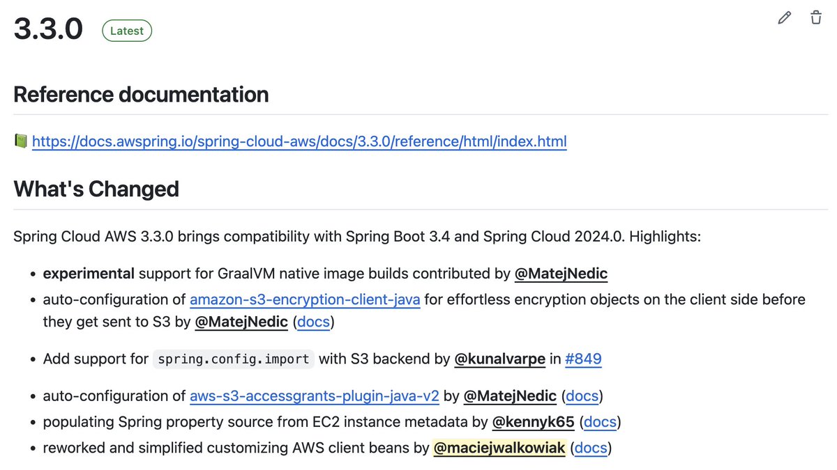 Maciej Walkowiak 🍃 (@maciejwalkowiak) on Twitter photo On behalf of the team and the community, I'm happy to announce that Spring Cloud AWS 3.3.0 has been released 🚀
This version is compatible with <a href="/springboot/">Spring Boot</a> 3.4.0.
👉 github.com/awspring/sprin…
Big thanks to all contributors! On behalf of the team and the community, I'm happy to announce that Spring Cloud AWS 3.3.0 has been released 🚀
This version is compatible with <a href="/springboot/">Spring Boot</a> 3.4.0.
👉 github.com/awspring/sprin…
Big thanks to all contributors!
