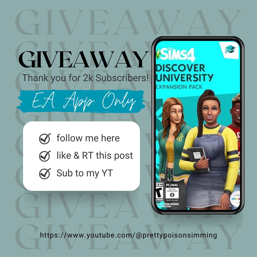 PrettyPoisonSim's tweet photo. 💖GIVEAWAY!!!💖
Thank you so much for 2k subscribers on YT! In celebration, I am giving away 1 code for EA App for Discover University expansion pack.

How To Enter:
✅Follow Me Here @PrettyPoisonSim 
✅Like &amp; RT This Post
✅Sub To My YT (Comment Screenshot)

#giveaway #sims4 https://t.co/kLFmngDNRq