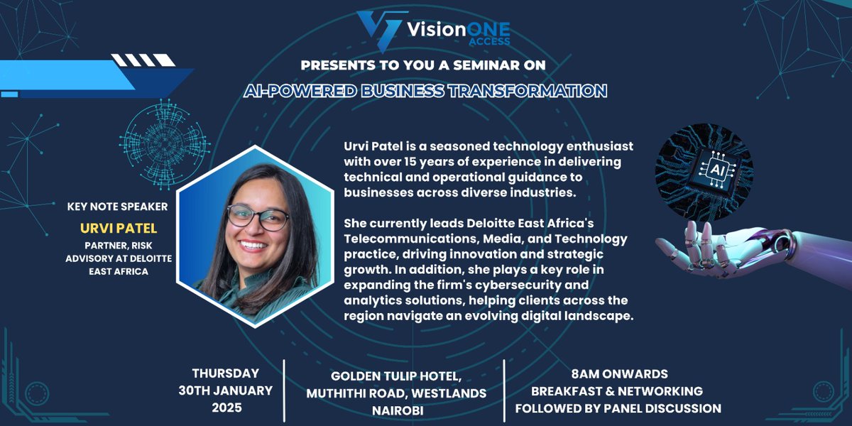 visiononeaccess's tweet photo. Get inspired by Urvi Patel at the AI-Powered Business Transformation Seminar! 

📅 Jan 30, 2025 | 📍 Golden Tulip, Nairobi | ⏰ 8 AM
Don’t miss out—register now: https://t.co/vhzSoE3hPM https://t.co/2yUl8cJMLq