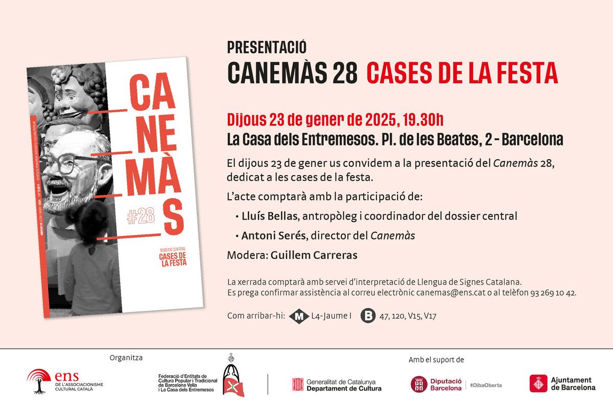 Lluís Bellas Melgosa (@lluisbellas) on Twitter photo Presentem Canemàs 28 "Cases de la Festa" aquest dijous a les 19.30 h a <a href="/casaentremesos/">La Casa dels Entremesos</a>!
Com treballar la cultura popular festiva en museus i centres patrimonials? En parlarem. #culturapopular Presentem Canemàs 28 "Cases de la Festa" aquest dijous a les 19.30 h a <a href="/casaentremesos/">La Casa dels Entremesos</a>!
Com treballar la cultura popular festiva en museus i centres patrimonials? En parlarem. #culturapopular