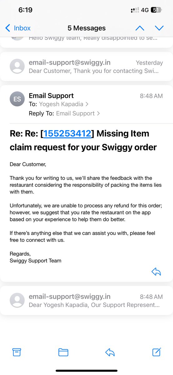 nk_yogesh's tweet photo. @SwiggyCares @Swiggy , Swiggy team pathetic response from your customer care. I have already raised complain that I have not received one of the item for Order ID 196183159867034.
Why are you taking money for the item which is not even delivered. See snapshot of your mail. https://t.co/sI56xlLZr8