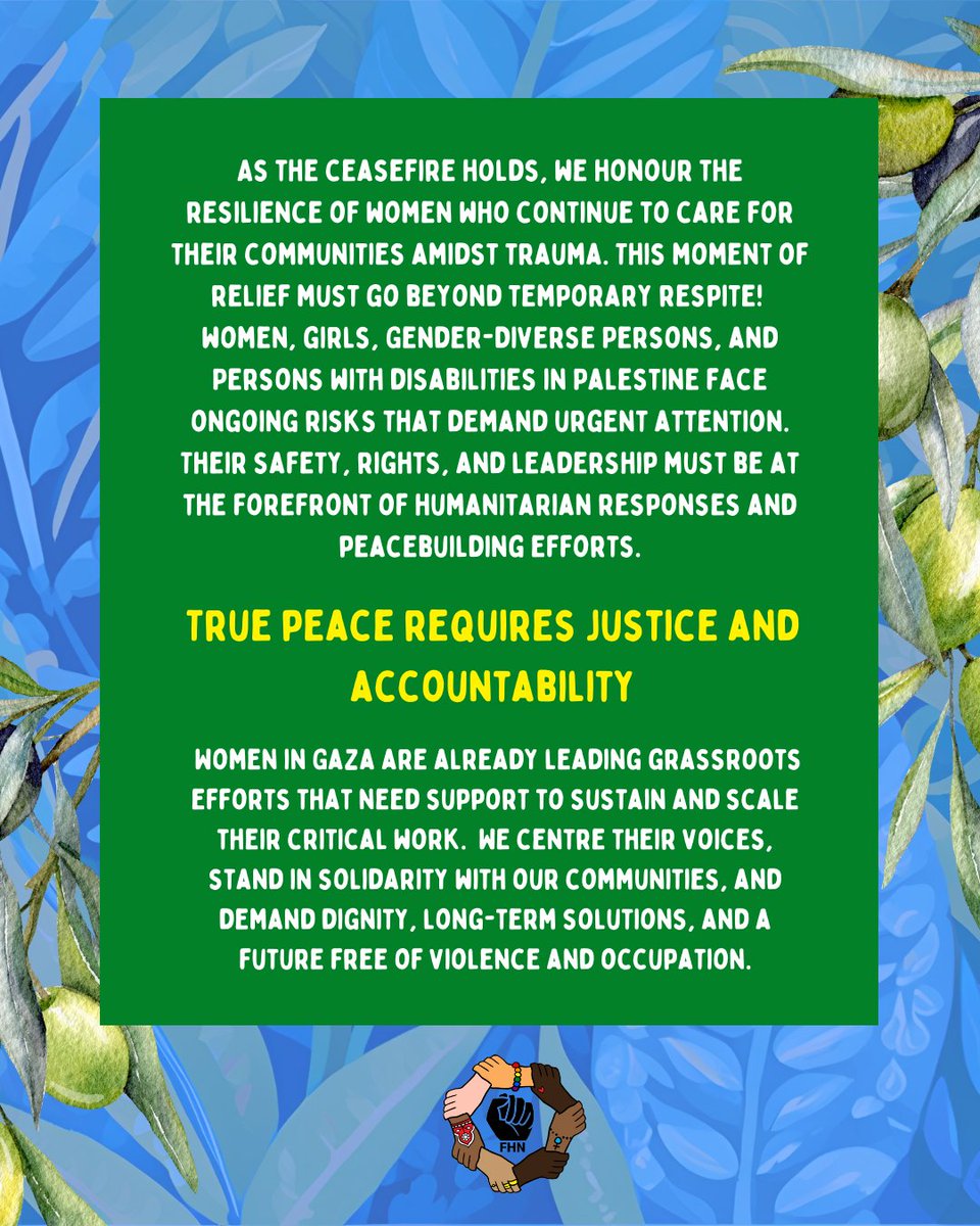 While this ceasefire offers a pause in violence, it's just the start. True peace will only come with justice. Ensuring rights, accountability, ending the occupation &amp; apartheid regime &amp; providing long-term solutions for Palestinians led by women &amp; diverse groups most affected.