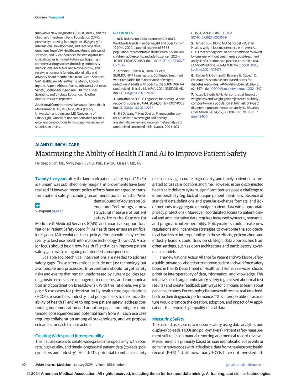JAMA Internal Medicine (@jamainternalmed) on Twitter photo Viewpoint from <a href="/bcmhouston/">BCMHouston</a>, <a href="/McWilliamsSBMI/">McWilliams School of Biomedical Informatics</a>, <a href="/pascalmetrics/">Pascal Metrics</a>, and <a href="/AHRQNews/">AHRQ</a> proposes five use cases for health information technology and #AI to improve patient safety. ja.ma/4jsrbkb Viewpoint from <a href="/bcmhouston/">BCMHouston</a>, <a href="/McWilliamsSBMI/">McWilliams School of Biomedical Informatics</a>, <a href="/pascalmetrics/">Pascal Metrics</a>, and <a href="/AHRQNews/">AHRQ</a> proposes five use cases for health information technology and #AI to improve patient safety. ja.ma/4jsrbkb
