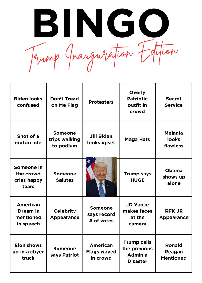 LessonsCampaign's tweet photo. Happy #inaugurationday2025! Who’s excited?!

Here are 2 Bingo Cards for anyone watching at home or in person to play while they watch. Let us know what small details you find!

#LessonsFromTheCampaignTrail #Trump #Inauguration2025 #InaugurationDay https://t.co/gp0jkHzyju