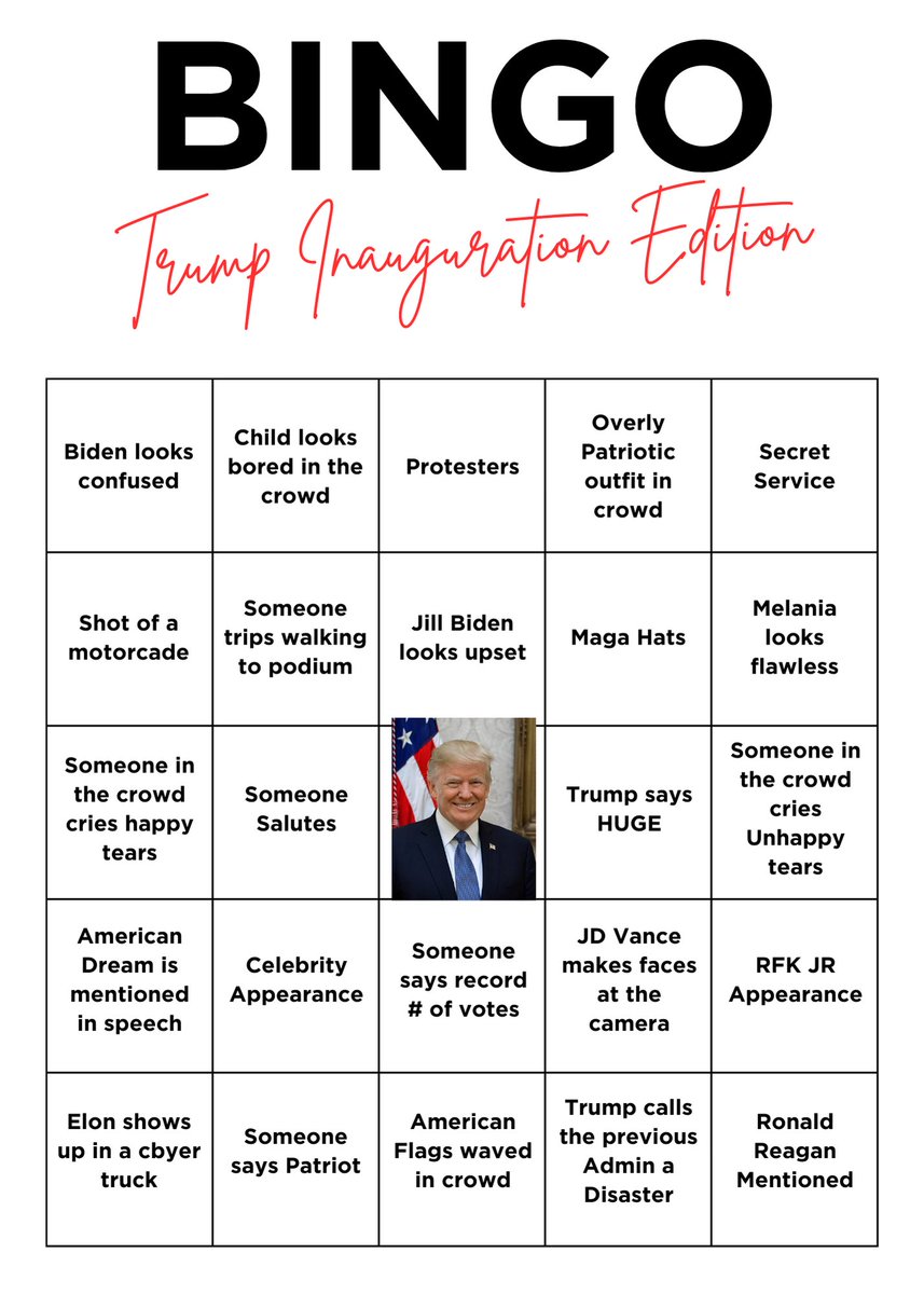 LessonsCampaign's tweet photo. Happy #inaugurationday2025! Who’s excited?!

Here are 2 Bingo Cards for anyone watching at home or in person to play while they watch. Let us know what small details you find!

#LessonsFromTheCampaignTrail #Trump #Inauguration2025 #InaugurationDay https://t.co/gp0jkHzyju