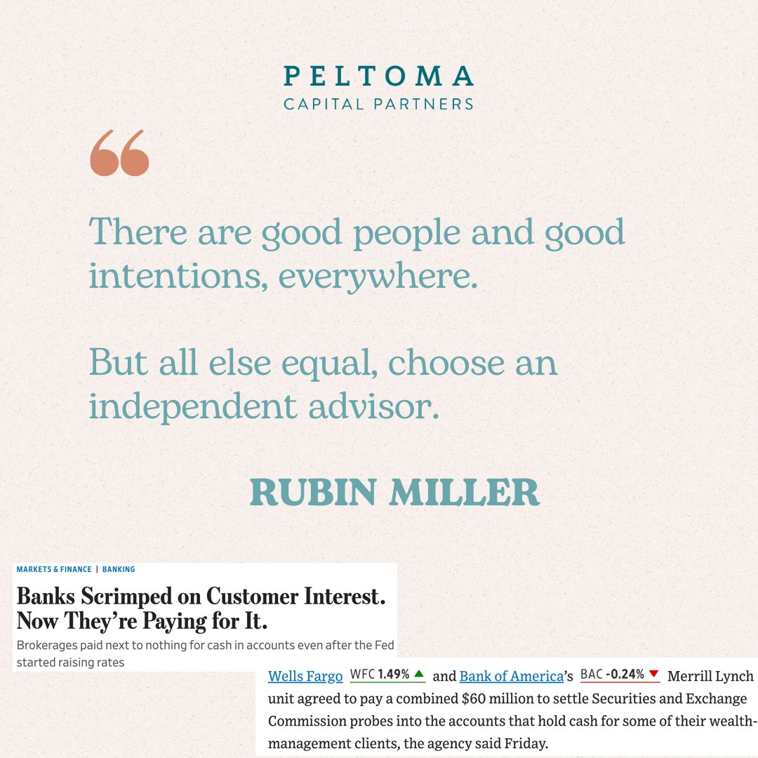 Absolutely brutal out of the The Wall Street Journal:

"The SEC said Merrill and Wells Fargo didn’t have proper policies and procedures in place to prevent violations of a key law that requires financial advisers to act in a client’s best interest."

It's your money, folks. 

Not
