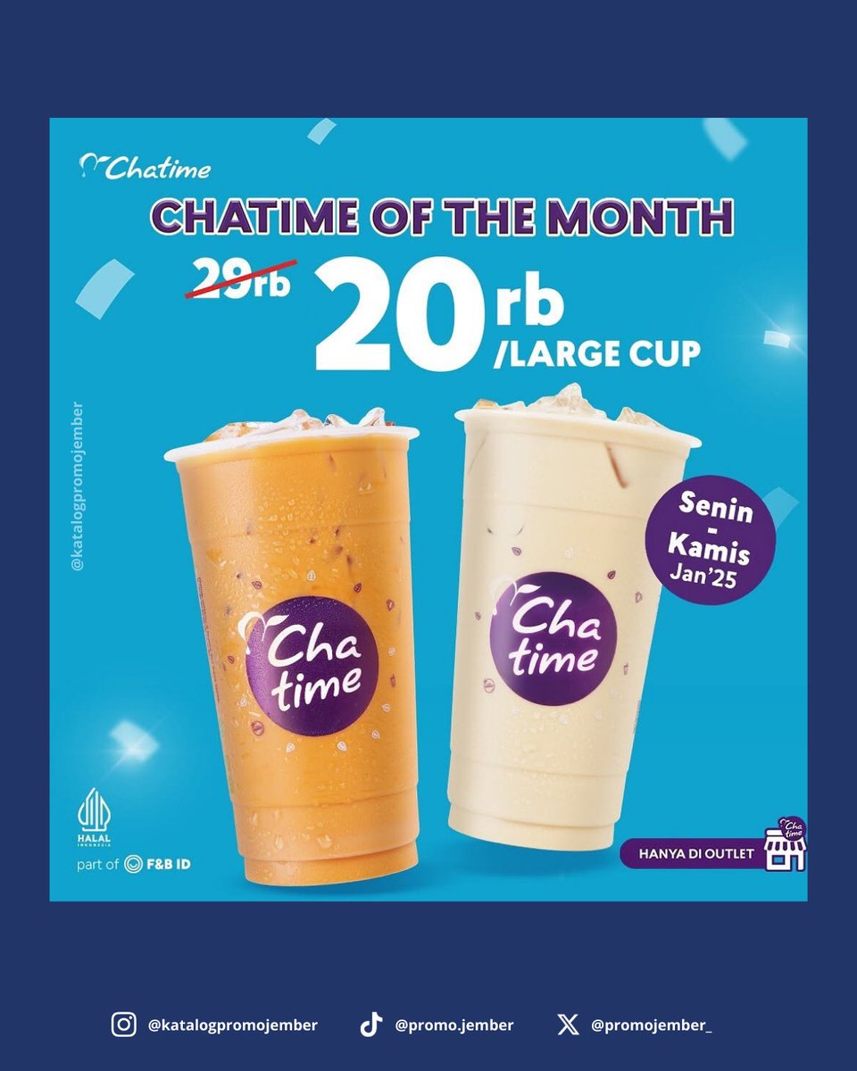 promojember_'s tweet photo. Promo Chatime Lippo Jember

Berlaku setiap senin-kamis selama bulan Januari 2025

#jember #unej #promojember https://t.co/yVpwyFcW7e
