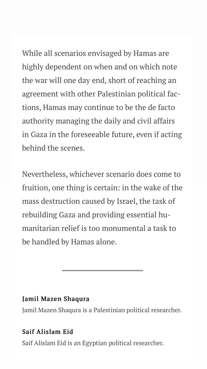 تكاثرت الأقاويل حول سيناريوهات اليوم التالي،

في هذا المقال الذي نُشر لنا منذ شهر (أنا وجميل شقورة Jamil Shaqura)، استطعنا توقّع السيناريوهات التالية، ورجّحنا إحداها بناء على العوامل الوسيطة، وهي أنه إن لم يحدث اتفاقًا بين الفصائل فإن استمرار حكم حـ . مـ. ا . س هو الأقرب للتطبيق،