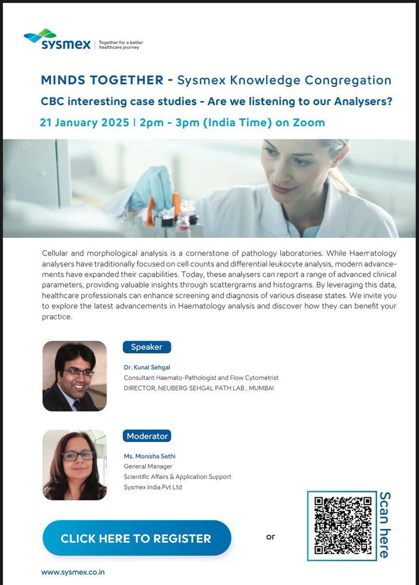 Join us tomorrow as <a href="/drkunalsehgal/">Kunal Sehgal</a> takes us through a series of interesting CBC case discussion - Are we listening to our Cell  Analysers ?

Free Regsitration Link is below 

sysmex-ap.com/minds-together…