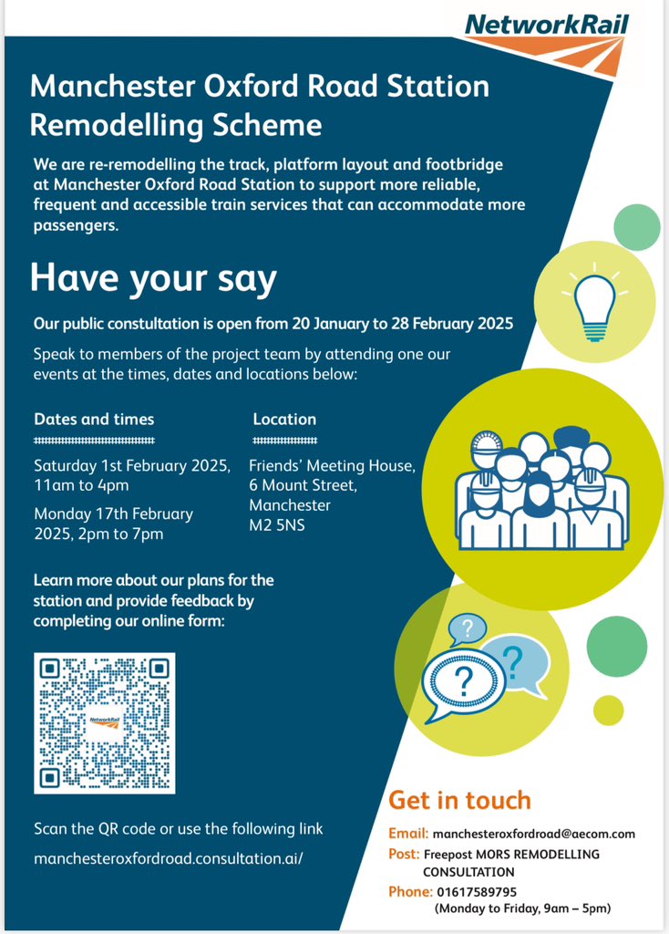 NetworkRailMAN's tweet photo. 🚆The Oxford Road consultation is here!

💬Read the full press release and find out how we transforming Manchester’s transport network, and have your say ⬇️

https://t.co/Ax6MVlRFoU

#networkrail #oxfordroad https://t.co/f1iX6RXhYQ