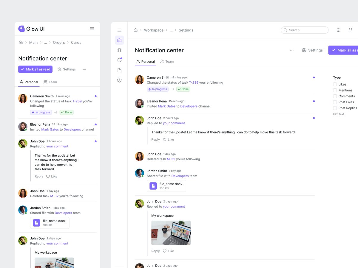 Notification center template made with Glow UI 1.6 #uidesign #figma