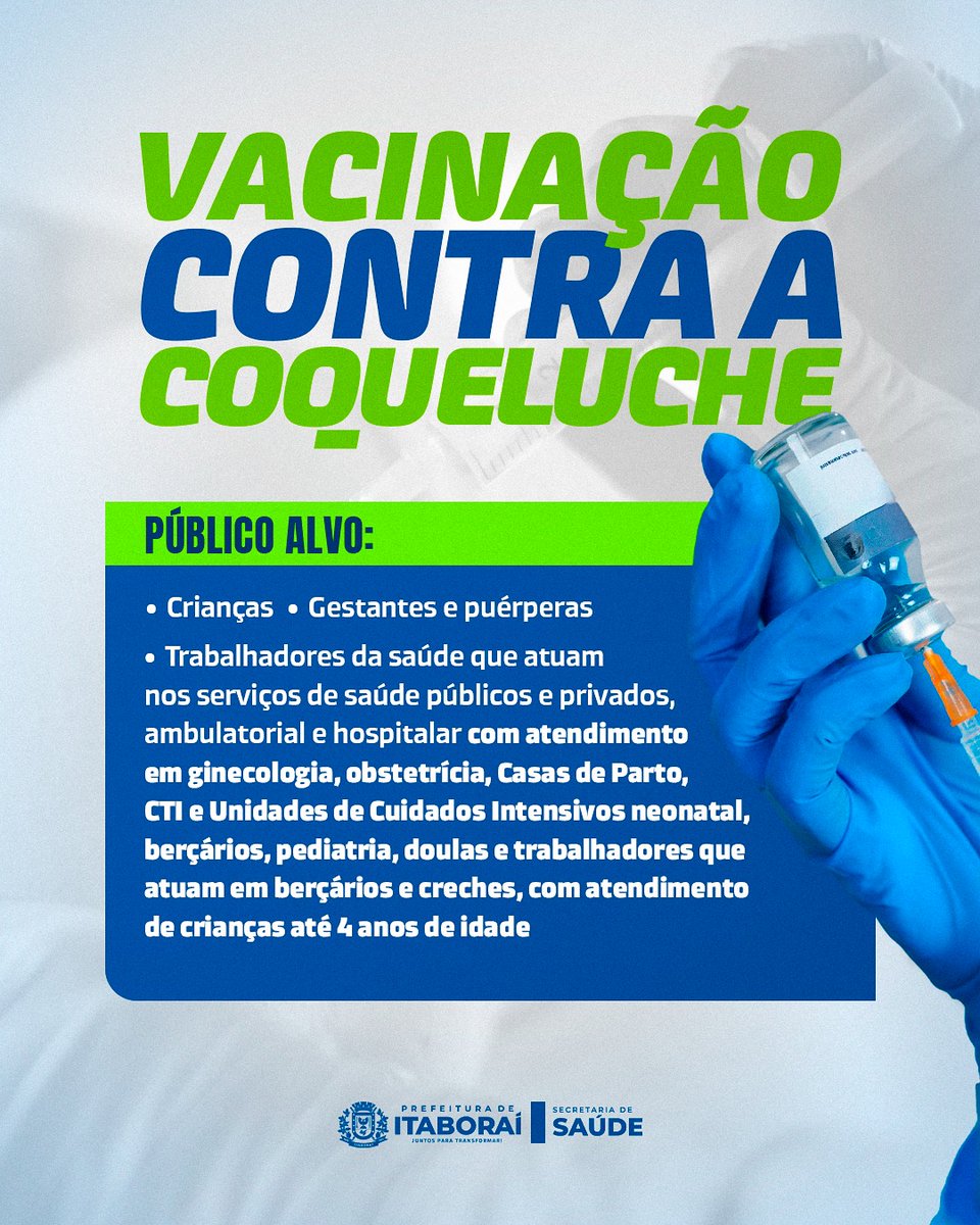 Vacinação contra coqueluche continua! 💉

A vacina para crianças, gestantes, puérperas, profissionais e trabalhadores da Saúde do município e outros grupos é aplicada de segunda a sexta, nas Unidades de Saúde, de 8h às 16h. 

🔗 Saiba mais em: site.ib.itaborai.rj.gov.br/53086/itaborai…