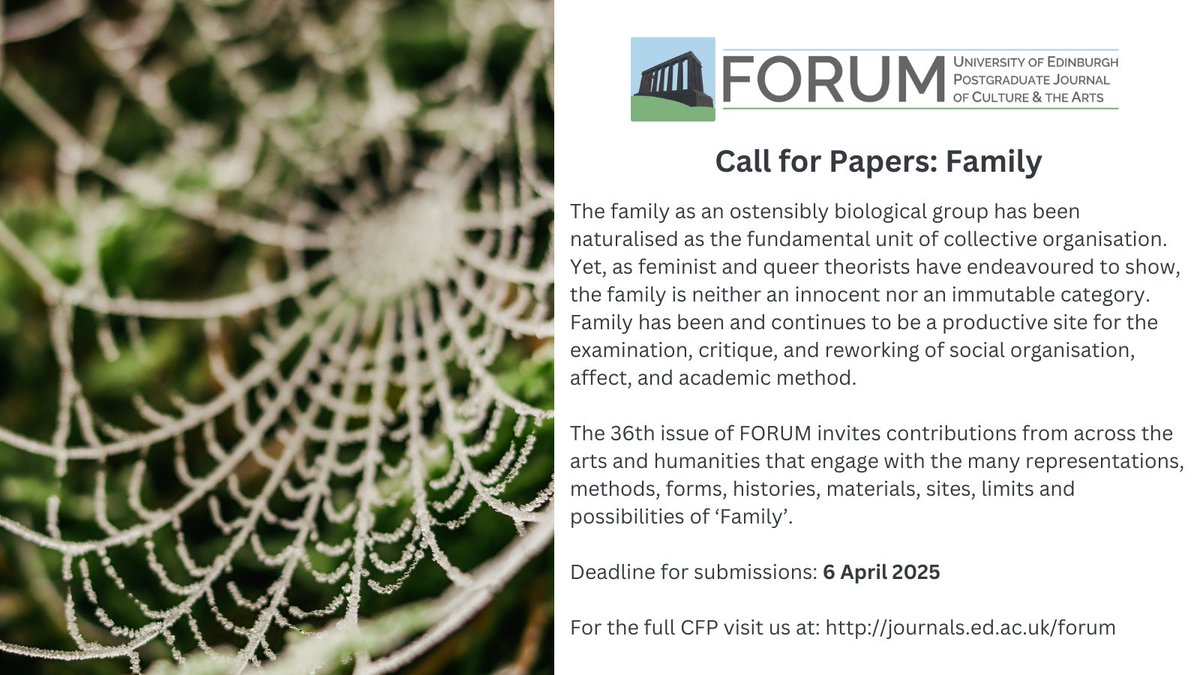 🚨 Call for Papers: Family

If you are a postgraduate researcher, submit your work to FORUM! 

📩 Deadline: 6 April 2025

Read the full CFP &amp; our journal guidelines here: journals.ed.ac.uk/forum/announce…