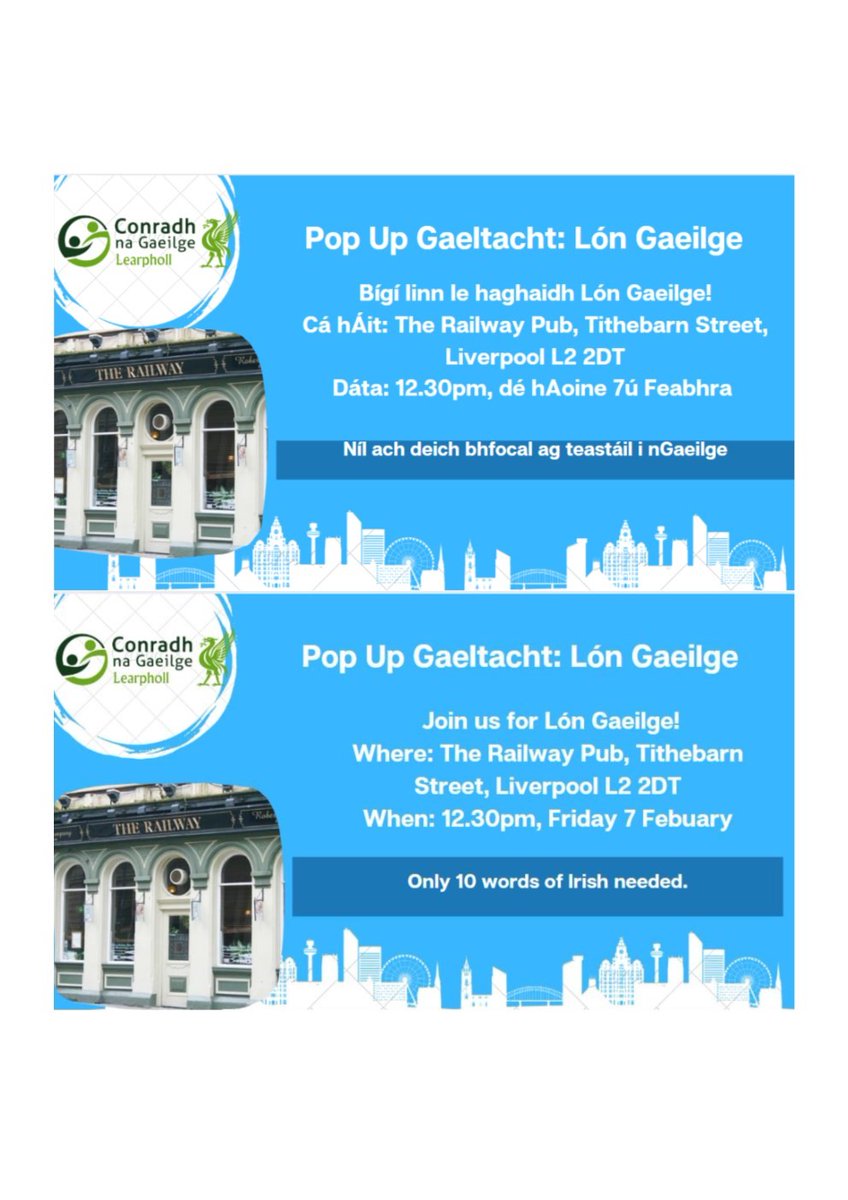 February Pop up Gaeltacht Liverpool
#PopUpGaeltachtLiverpool #lóngaeilgelearpholl #irishlunchliverpool #irishlunchrailwaypub #IrishLunchConradhNaGaeilgeLearpholl #IrishLunchRailwayPub