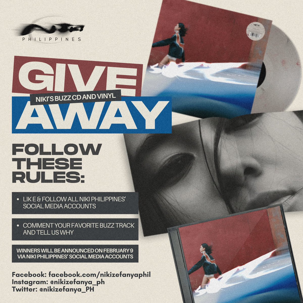 nikizefanya_PH's tweet photo. We’re BUZZing with excitement to announce this GIVEAWAY! ⚡️

To celebrate NIKI’s upcoming 26th birthday and her 3 sold-out shows in Manila, NIKI PH will be giving away :

BUZZ CD or VINYL to 2 LUCKY WINNERS! 💿💿

Get a chance to win by following these mechanics: https://t.co/aOh2p7vIdo