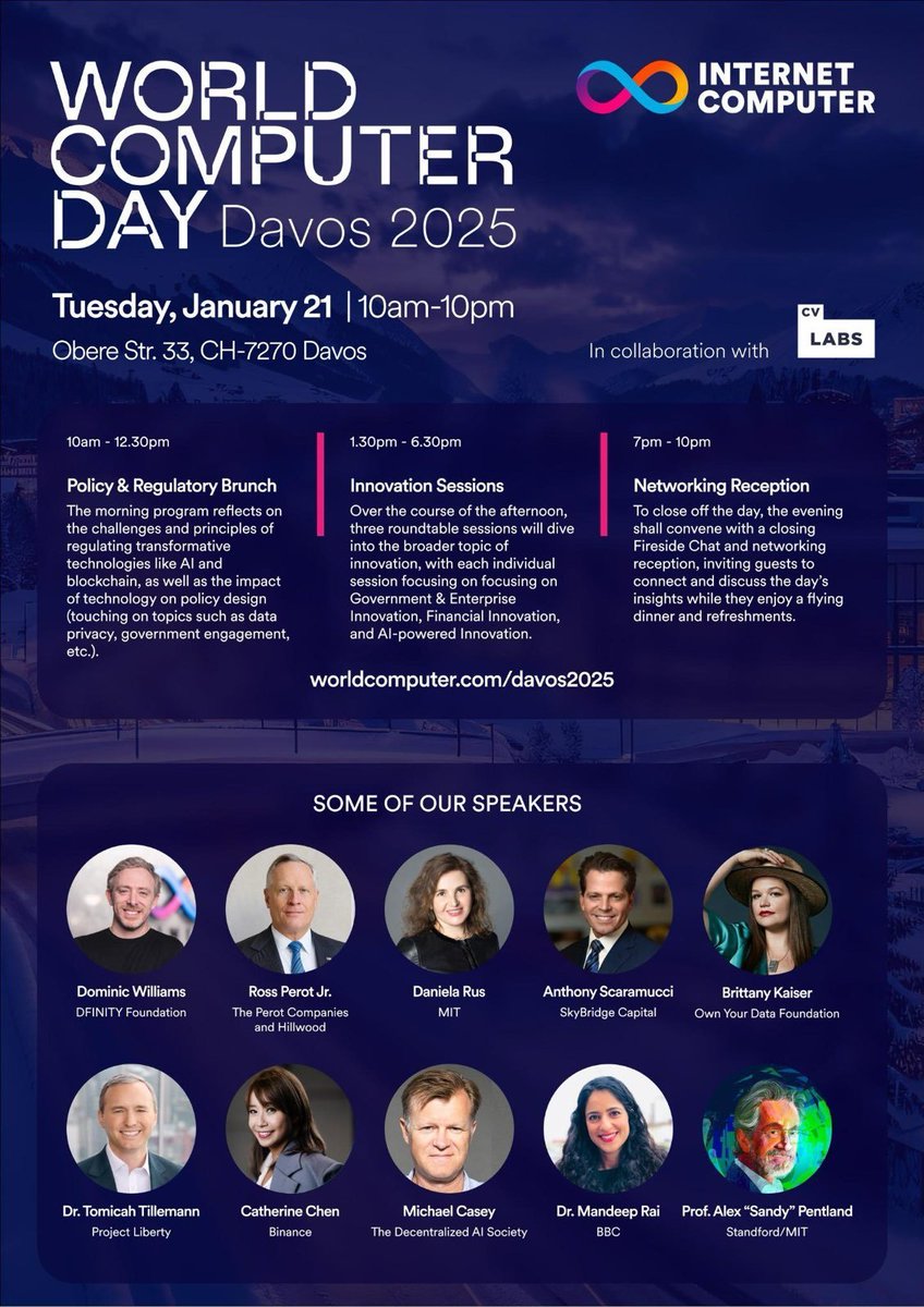 World Computer Day, Davos/WEF
Tues 21 2025 (coming up!)

<a href="/dfinity/">DFINITY Foundation</a> is hosting some truly epic speakers, covering World Computer, self-writing internet, Web3, AI, and more, join us if you're there 🧵