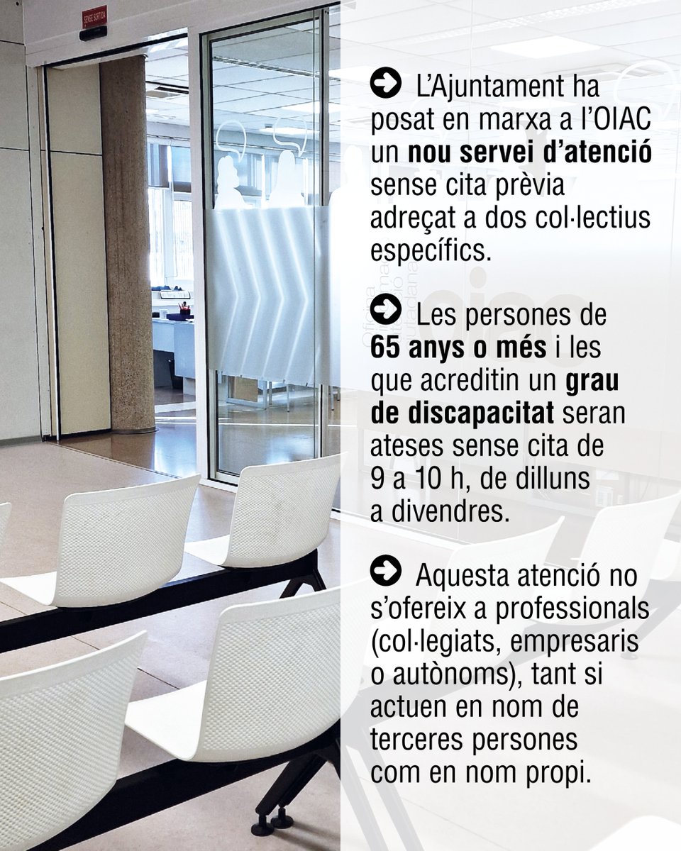S'ha posat en marxa un nou servei específic d'atenció ciutadana sense cita prèvia a l'OIAC
Hi poden accedir només les persones de 65 anys o més i les que acreditin un grau de discapacitat, que seran ateses sense cita de 9 a 10 h, de dilluns a divendres
ajuntamentinforma.gramenet.cat/info-local/ate…