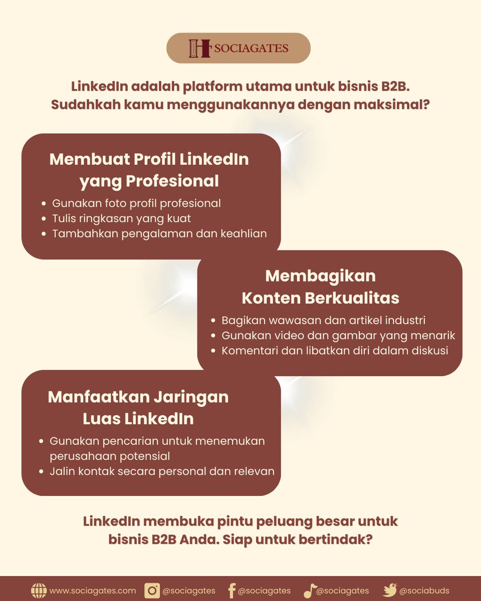 SociaBuds's tweet photo. Ambil aksi sekarang dan maksimalkan potensi LinkedIn untuk bisnis Anda.

Dapatkan informasi lebih lengkap serta konsultasi gratis melalui website kami di https://t.co/1LquJbcjeE

#sociagates #linkedin #b2b #marketingdigital #tips #b2bmarketing #b2bsales https://t.co/njD6tpLhet