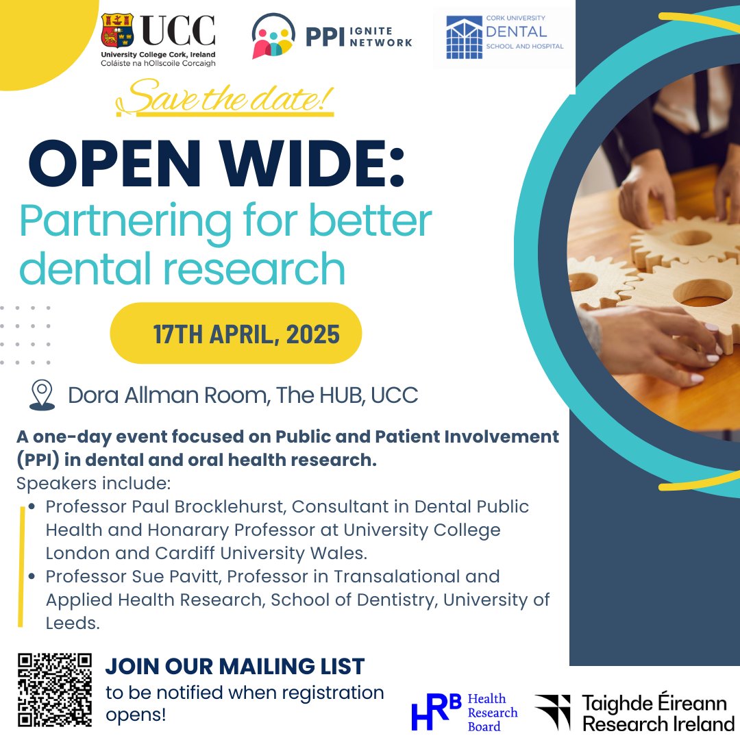 Save the date! Open wide: Partnering for better dental research. 

A one-day event co-organised with Cork University Dental School and Hospital. 

🗓️17th April, 2025. More info ⬇️

#PPI  #dentalhealthresearch #oralhealth