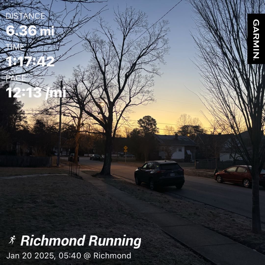 #beatyesterday #garmin #milesformike. 🥶🥶Frosty dark 30 run around Northside RVA. 20F we missed the snow yesterday. We had mostly rain which ment there was a lot of Icy spots on the roads this morning. Walking cool down with Poncho and Bosco🐶.