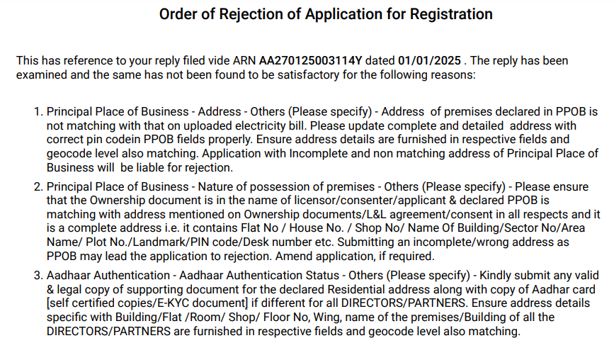 I_AM_Mihir_Modi's tweet photo. Despite uploading everything properly, GST dept not granting GST registration.
Their SCN &amp; rejection order is also copy-paste. They do not bother to look into what is uploaded.
Sharing the SS of SCN &amp; Order.

@cbic_india you don't want people to do business?
Waste of 20 days!! https://t.co/8wXJXrXH6g