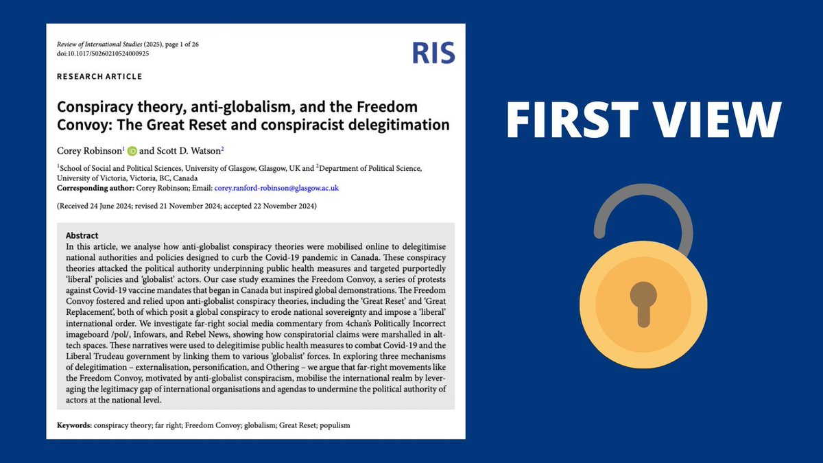 🚨New First View Article🚨

"Conspiracy theory, anti-globalism, and the Freedom Convoy: The Great Reset and conspiracist delegitimation" by Corey Robinson (@uofgsps) &amp; Scott D. Watson (<a href="/uvicpoli/">UVic PoliSci</a>)  is now available #OpenAccess! 

📜➡️ buff.ly/40BABCu