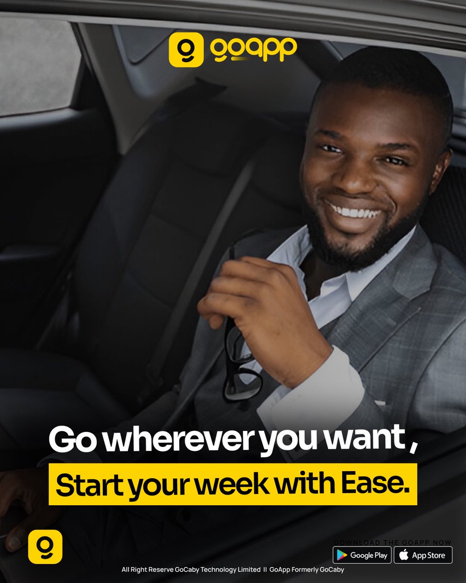 usegoapp's tweet photo. Start your week with ease. Ride with Go!
Use the GoRide feature on the GoApp to book affordable and convenient rides anywhere in Lagos.
#usegoapp #gocabyng #rideinlagos https://t.co/GPXJseTEK1