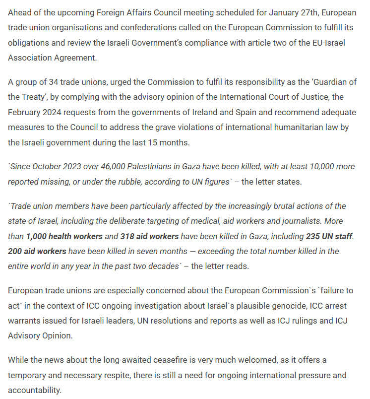 acv_csc_europe's tweet photo. 📢Urgent call from European trade unions ahead of the FAC @EUCouncil on 27/1/25: Suspend the Association Agreement with Israel!👇#HumanRights #ICC #Civilians #HealthWorkers #AidWorkers #Journalists #UNStaff #NeverATarget https://t.co/Dj7NgYJDJN https://t.co/3GV9PccXDd