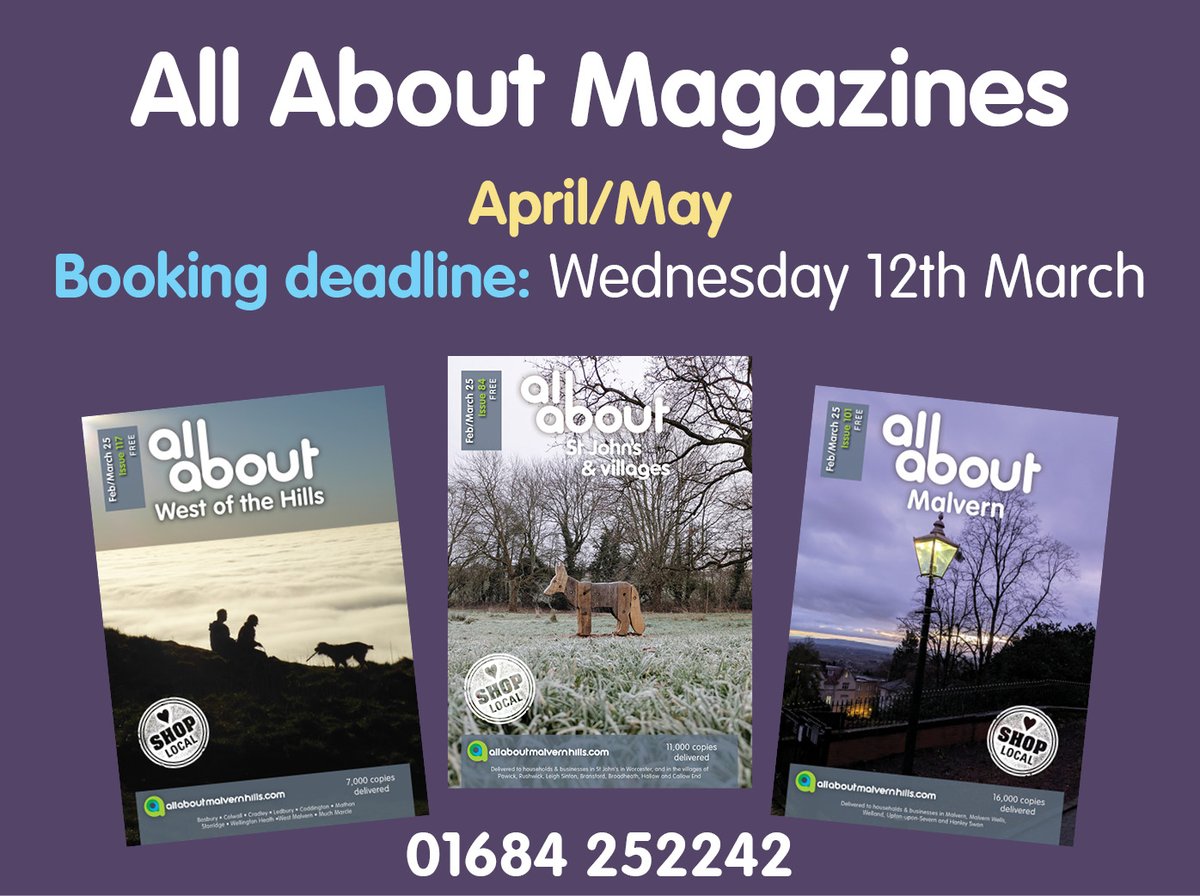 We are now working on the April/May 2025 edition of All About Magazines.  Does your business want to reach new customers in the Malvern Hills and Worcester area? Contact us on 01684 252242 or email sascha@allabout-local.com to find more.  allaboutmalvernhills.com