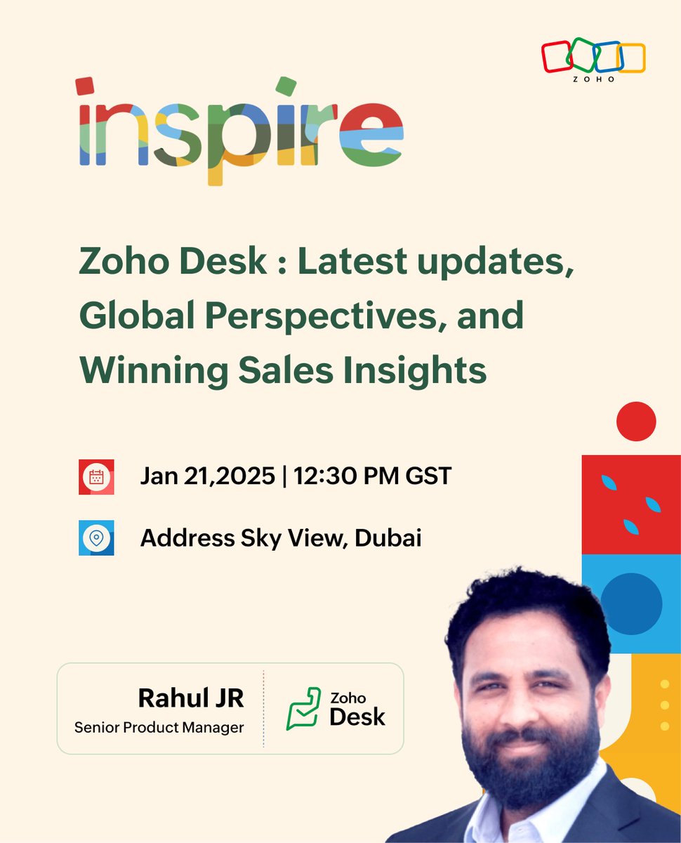 ZohoDesk's tweet photo. Hello partners! Join us at Zoho Inspire Dubai to discover the latest from Zoho Desk, get a sneak peek into what’s coming, and connect with our product experts for any questions 🌟 

https://t.co/YsOAl2eaDO https://t.co/YxFFAxjYoy