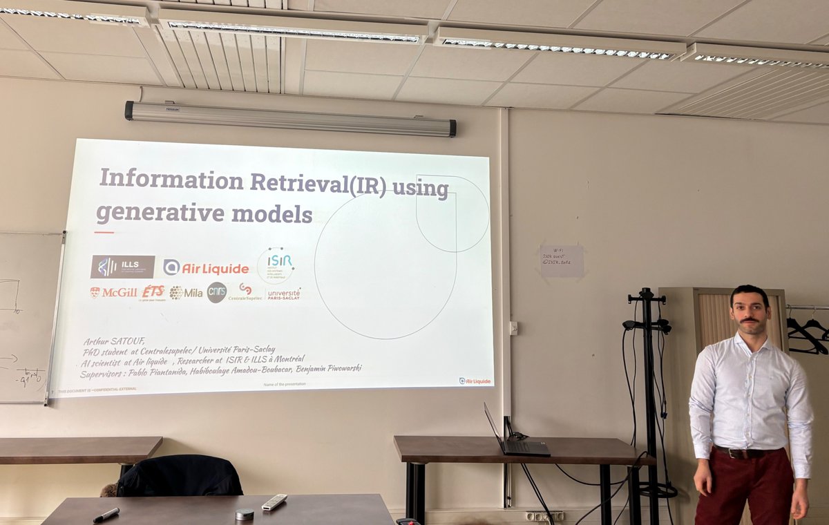The first team meeting of 2025 is presented by Arthur Satouf, who has recently joined the team! ✨
He presented his PhD about "Information Retrieval using generative models". His PhD is in collaboration with <a href="/airliquidegroup/">Air Liquide Group</a>, <a href="/UnivParisSaclay/">Université Paris-Saclay</a>,  <a href="/centralesupelec/">CentraleSupélec</a> and the ILLS lab!