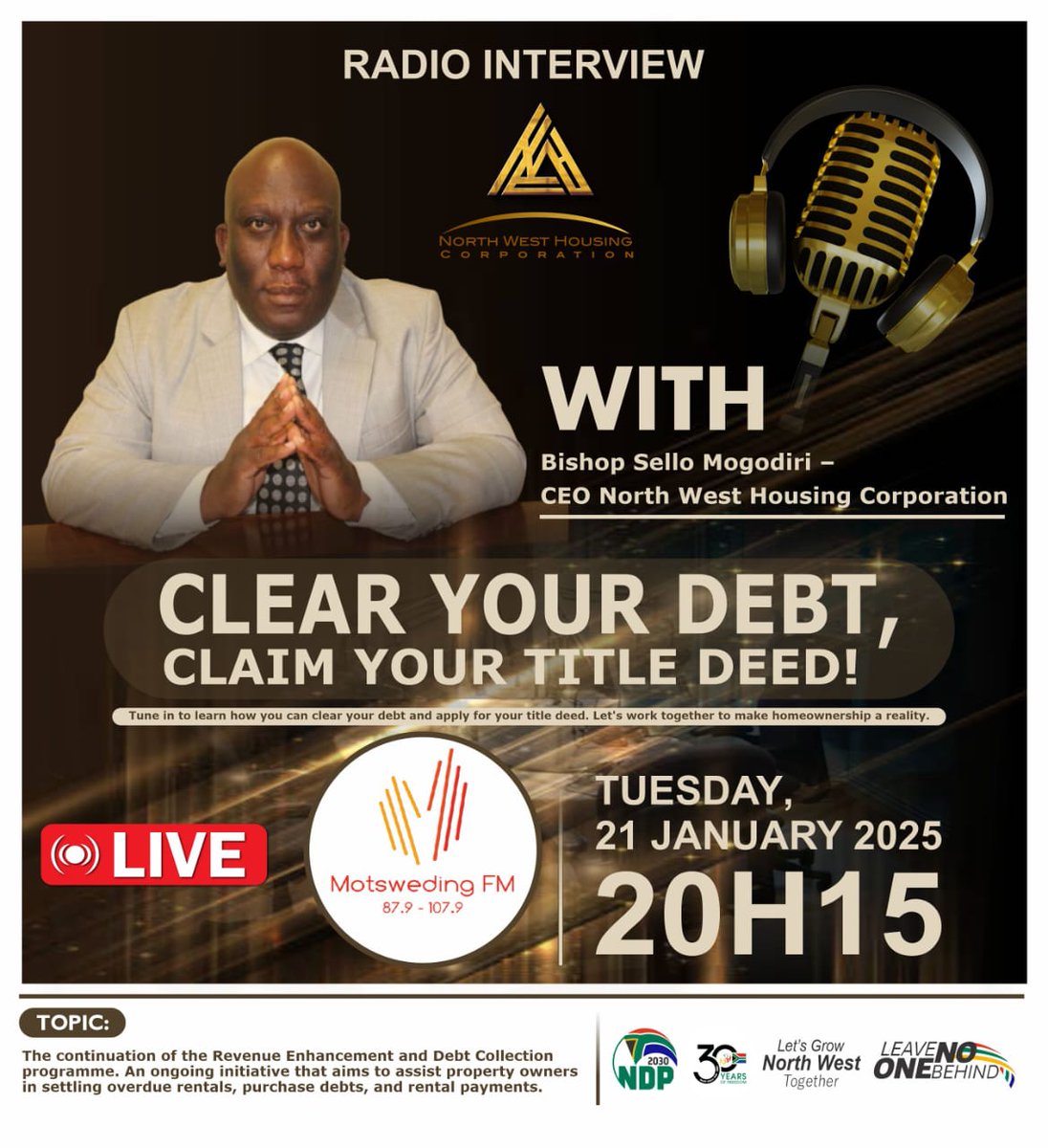 LegaelaBatho's tweet photo. As we continue with the Revenue Enhancement and Debt Collection Programme, we invite you to tune in to Motsweding FM to learn more about the initiative. https://t.co/7TCiveRkSv