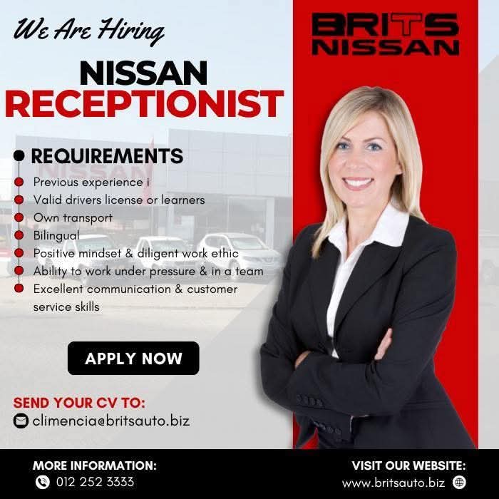 CarolBoitumelo1's tweet photo. Brits Nissan is seeking a friendly and professional Receptionist to be the face of our dealership!

If you’re ready to welcome customers with a smile, apply today!

Send your CV to climencia@britsauto.biz
Contact us: 012 252 3333 https://t.co/cFdrzvPuiU