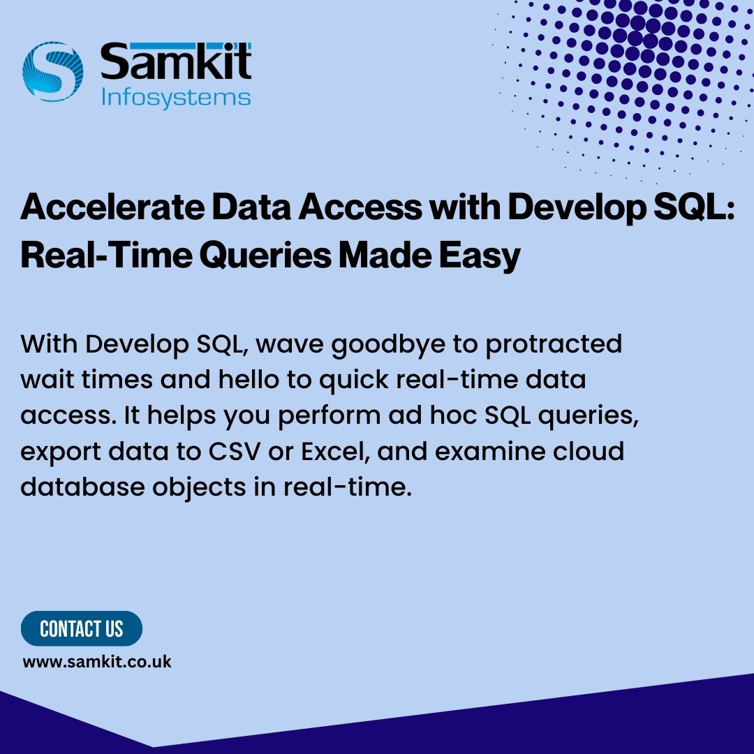 samkitinfoltd's tweet photo. With Develop SQL, wave goodbye to protracted wait times and hello to quick real-time data access. It helps you perform ad hoc SQL queries, export data to CSV or Excel, and examine cloud database objects in real-time.
#Samkit #SamkitInfosystems #oracle #clouderp #oraclefusion https://t.co/2JtbKlIaYF