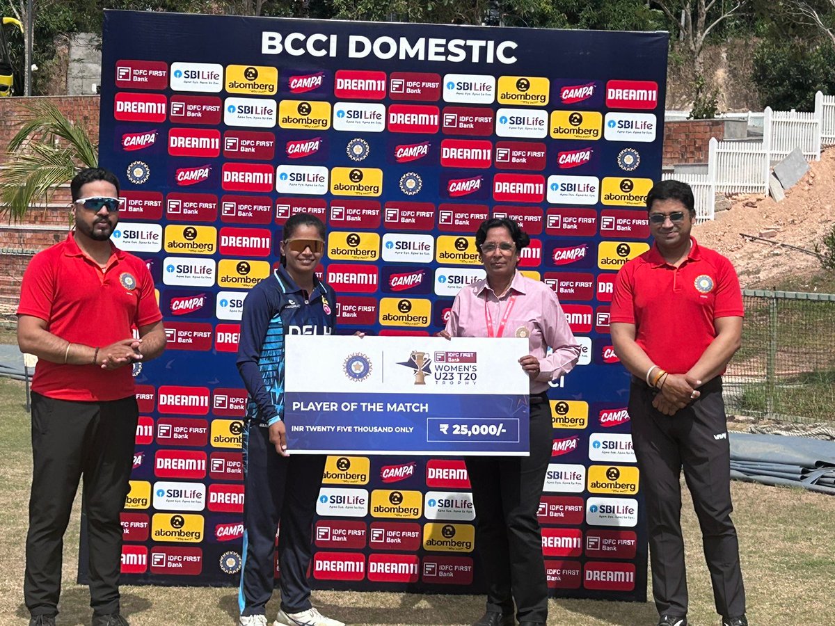👏 Finals secured! Delhi’s winning streak continues!👏
In the Women’s Under-23 T20 Trophy Semi-Final:
🎯 Assam: 69 all out (Madhu shines with 4/10)
🎯 Delhi: 70/1 (Captain Tanisha Singh 37*) in 14.1 overs.
A 9-wicket triumph takes Delhi into the final—one step closer to glory! 🏆