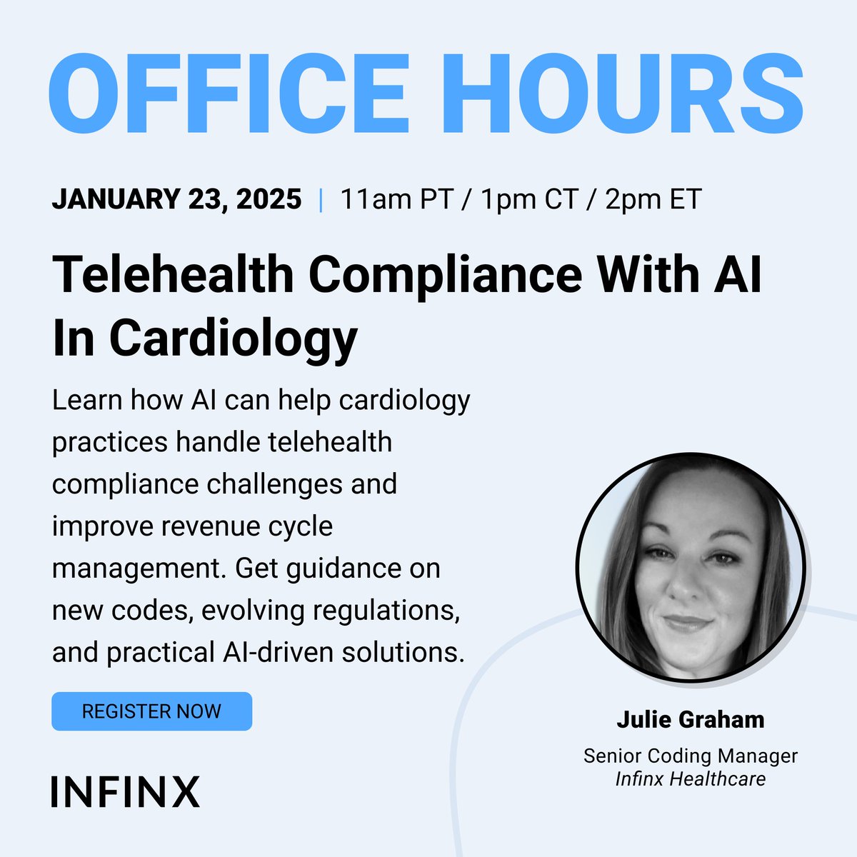 Infinxinc's tweet image. Join Julie Graham HCA-BA, CPC, CC, in our upcoming webinar. Learn:
✅ Latest updates on telehealth
✅ How AI tools enhance billing accuracy.
✅ Practical strategies to boost financial outcomes.
hubs.li/Q0333t150
#telehealth #cardiologycoding #medicalcoding #healthcareAI