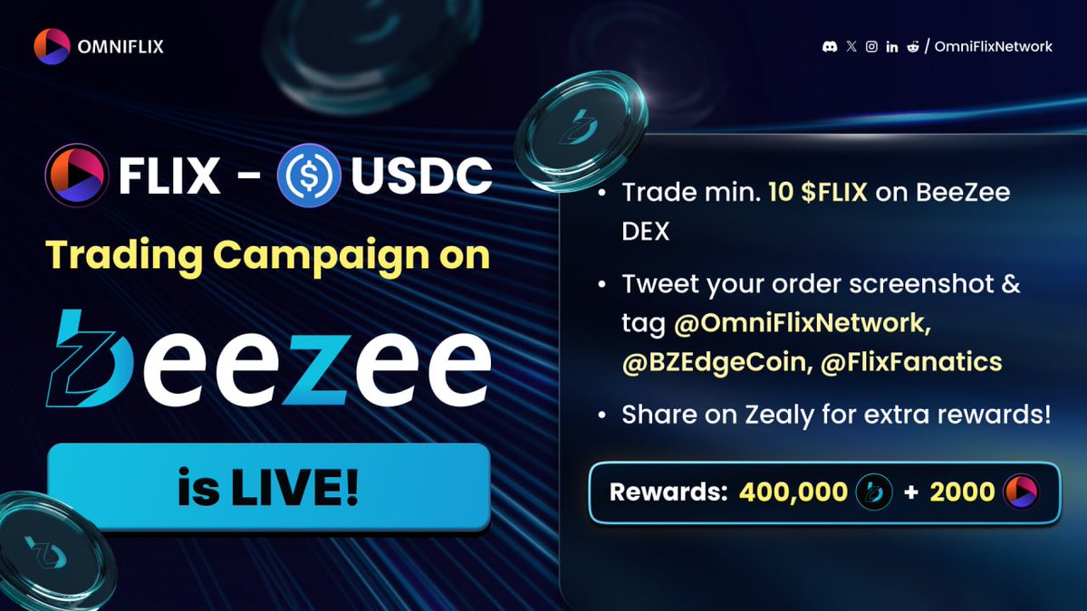FlixFanatics's tweet photo. Announcing $FLIX - $USDC Trading Campaign on @BZEdgeCoin DEX
๐ฐ Rewards Pool: 400,000 $BZE + 2,000 $FLIX
๐
Duration: Jan 20, 2 PM UTC โ Jan 25, 2 PM UTC
Find all details here: https://t.co/cNOFHDzEvi
or read the full ๐งต๐
1โฃ/4โฃ https://t.co/YaHm3UjPOv