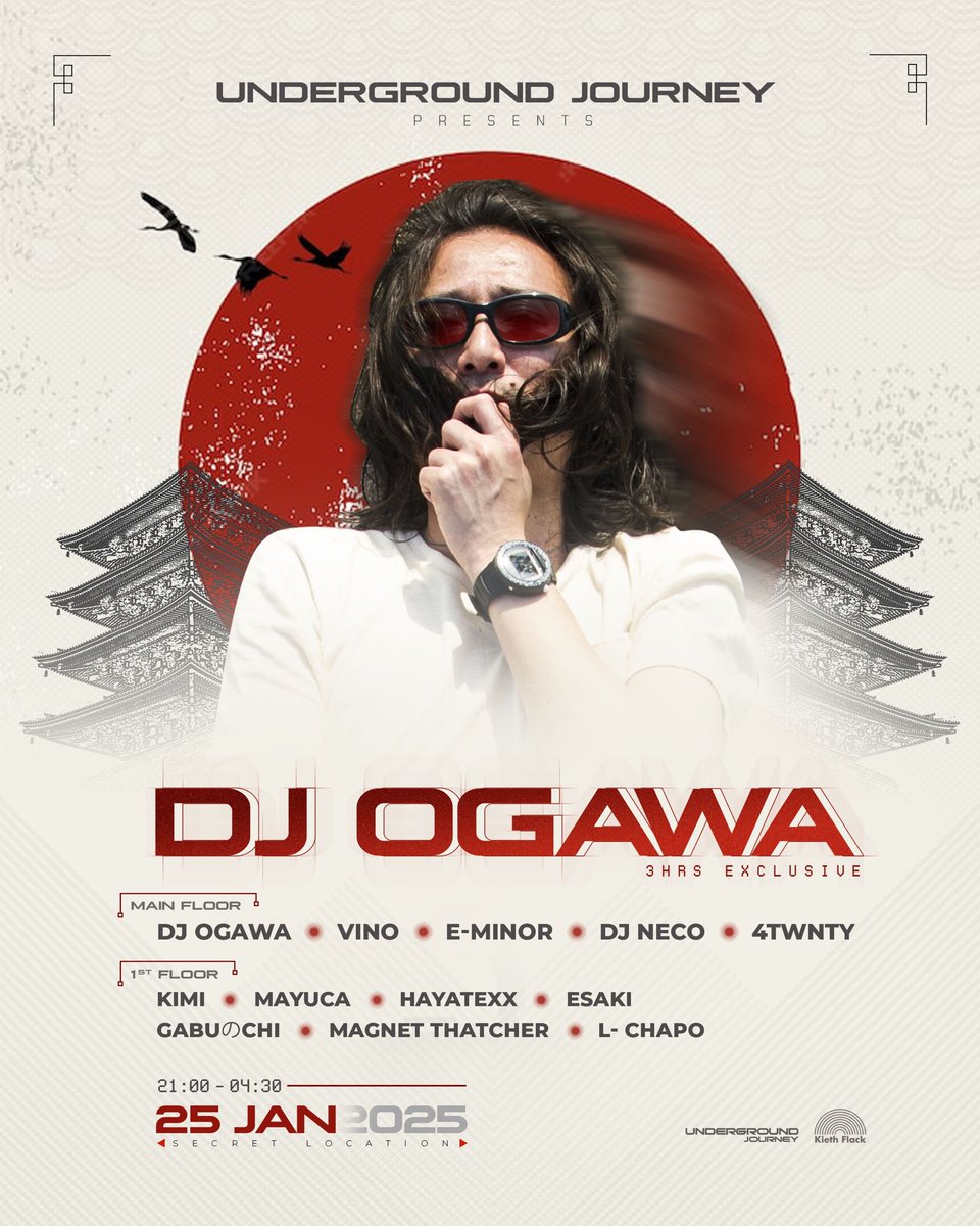 It’s gonna be an amazing beginning of 2025. I’m such a honor to opening set for True legend of electronic music scene DJ OGAWA 👑 Let’s make this night unforgettable.💃🕺

Underground Journey presents 🚀 
DJ OGAWA RETURN TO FUKUOKA 🎧

#DJOGAWA #Undergroundjourney