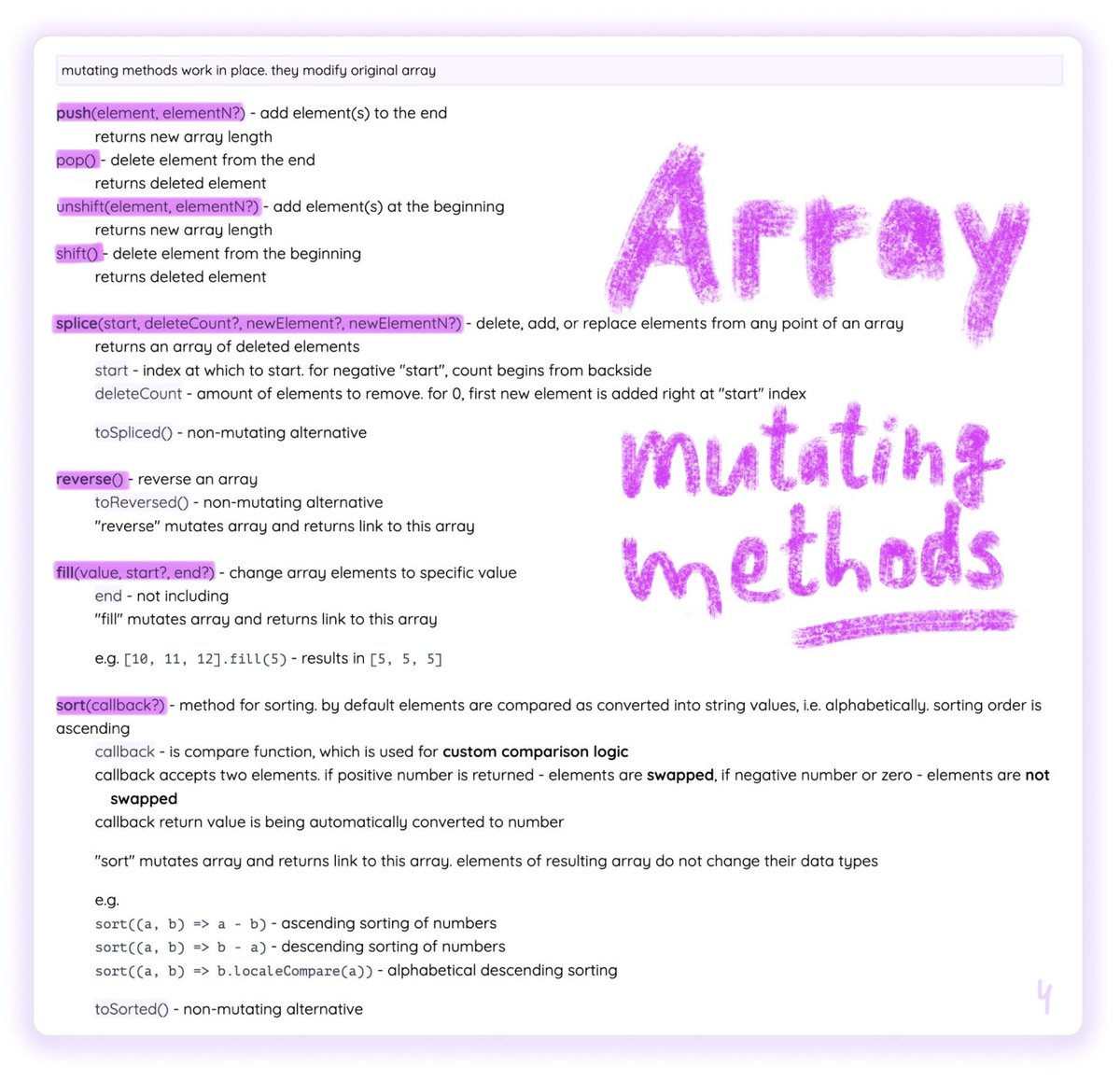 sf_helmax's tweet photo. It is extremely important to know which method is going to mutate your #array. At this screenshot you can see most used mutating methods and all you need to know about them

Find more structured info about JS arrays, and not only, on https://t.co/odTC2YGy5Q https://t.co/WuhH2ccaKd