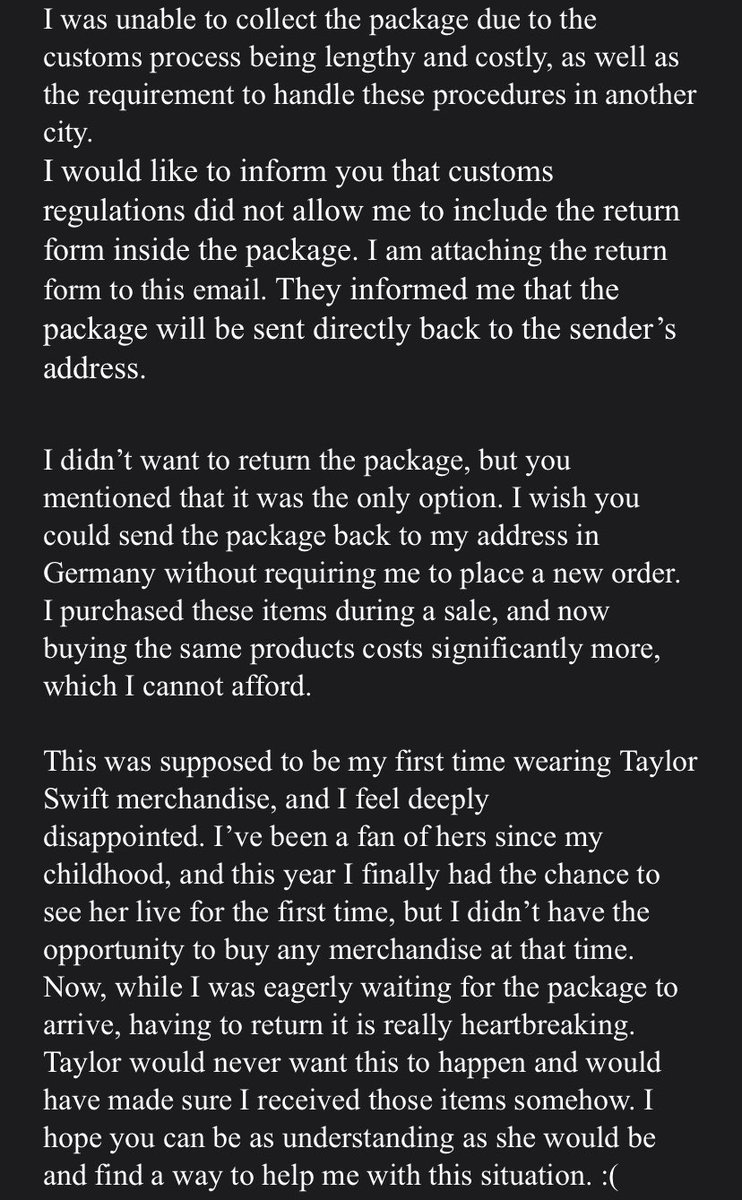 feyzemrer's tweet photo. @taylornation13 @taylornation13 @taylorswift13 @BravadoDE @UmusicGermany 
#TSTheErasTour  #TSTheErasTourCollection I dreamt of wearing Taylor merch for the first time but due to custom problems I can’t receive the package. Please help me, I’m really devastated :(( https://t.co/YdX0B1RjXG