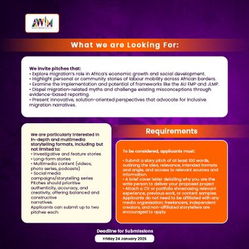 Call for Pitches!

<a href="/RealAWiM/">African Women in Media (AWiM)</a> is looking for investigative, multimedia, &amp; solution-driven stories on migration’s role in Africa’s growth and development.

Submit up to 2 pitches, a cover letter, and your CV/portfolio to assistant@africanwomeninmedia.com.

Deadline: January 24.
